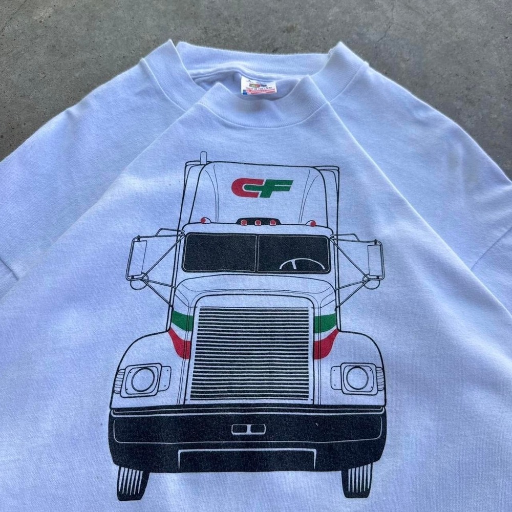 Vintage 90s Fruit of the Loom CF Freight Truck Tee White Single Stitch L (d9)